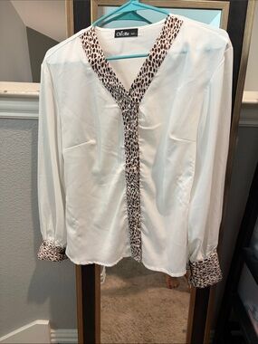 ChicMe Cream Blouse with Leopard-Trim V-Neck Placket